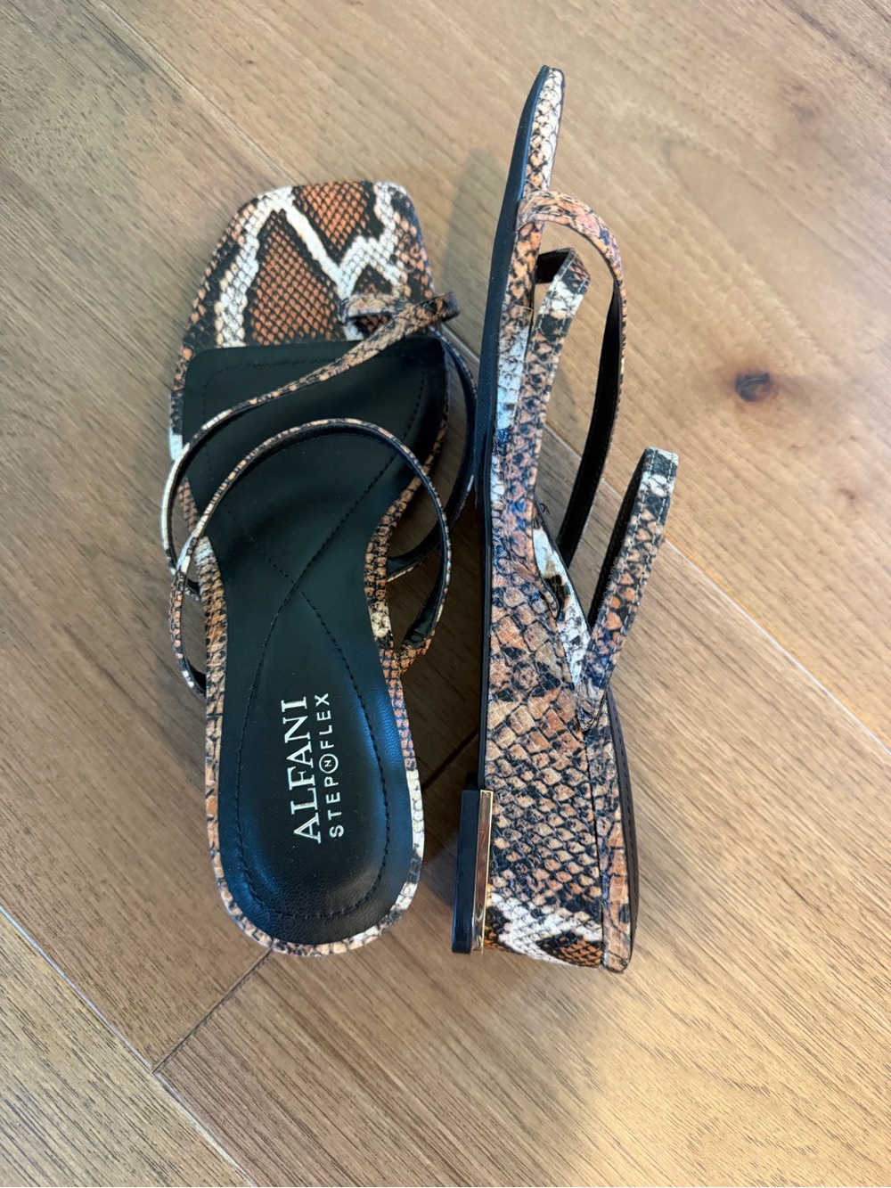 Alfani Snake-Print Strappy Sandals in Brown and Black